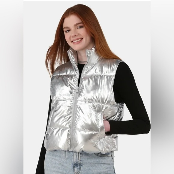 a new day Jackets & Blazers - A New Day Shiny Silver Puffer Vest